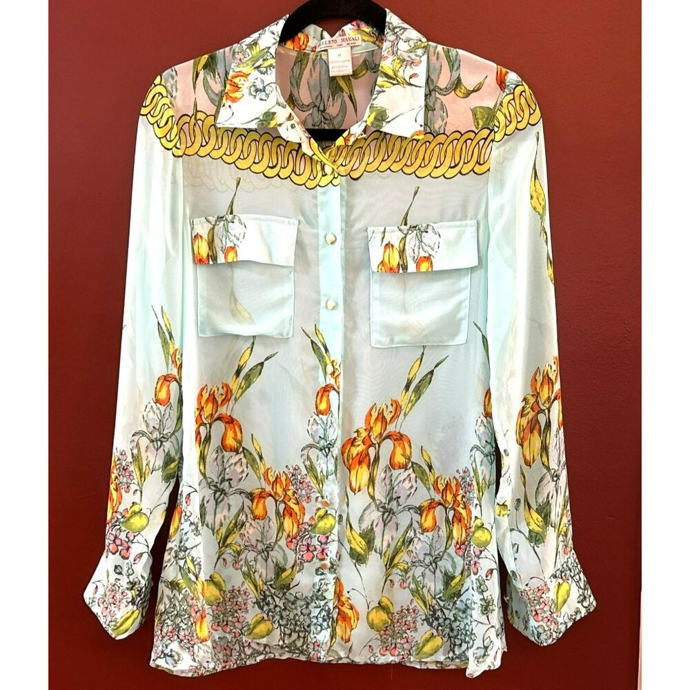Alberto Makali Women's Blue Floral Sheer Button Down Blouse Size Medium Garden
